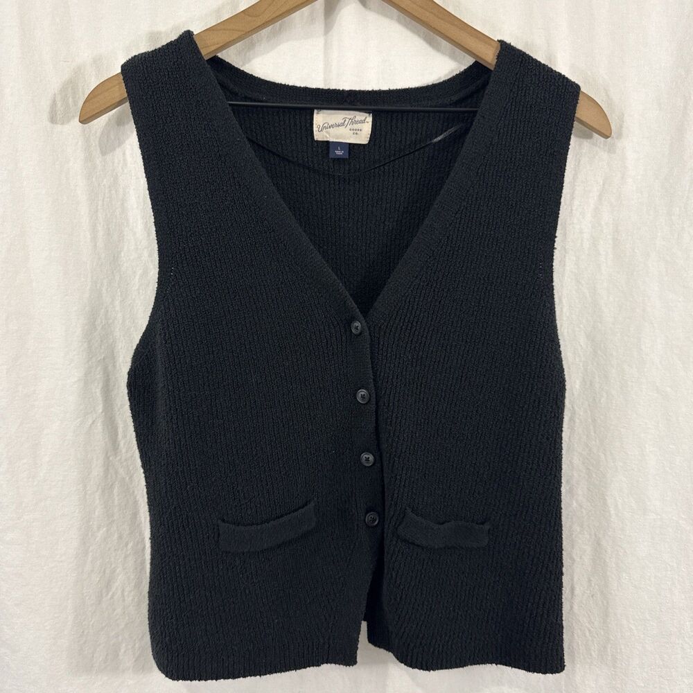Universal Thread Black Knit Stretch Sleeves Button Vest Womens Sz L Cottagecore